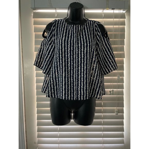TopShop 4 Cold Shoulder Navy Striped Cold Shoulder Blouse - Picture 1 of 4